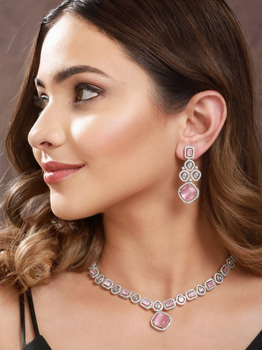 White Rhodium Pink Zircon Studded DeSigner Necklace jewellery Set